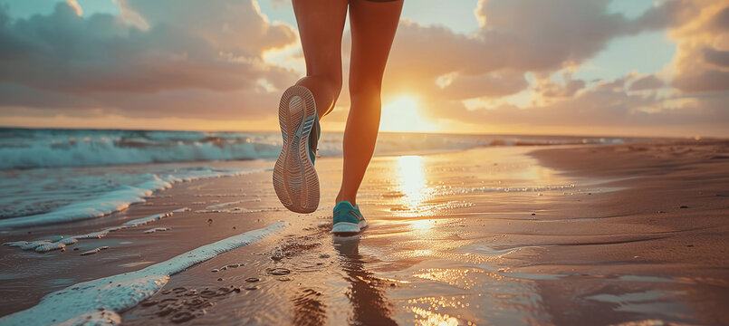 woman jogging on the beach during sunrise