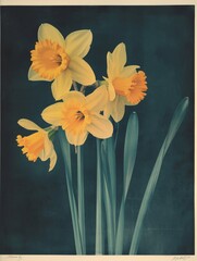 Bright and Cheerful Daffodils Arrangement in Vase on Blue Background with Green Leaves for Spring Inspiration and Decoration