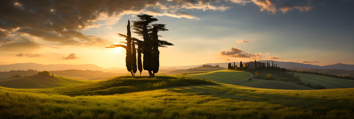 Enthralling Portrait of a Majestic Cypress Tree Basked in the Glow of the Sun Amidst Rich Green...