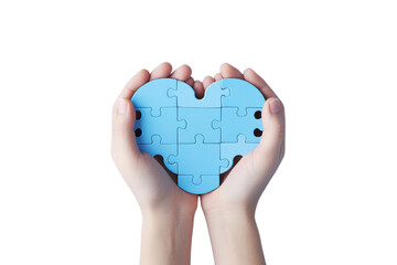 A blue heart in the child hands isollated on the transparent background.