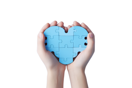 A blue heart in the child hands isollated on the transparent background.