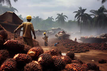 Oil palm fruits with workers working in background