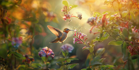 flowers in the morning, A hummingbird hawk-moth hovers gracefully around flowers, mimicking the bird's behavior and colors to deceive predators and access nectar photography - obrazy, fototapety, plakaty