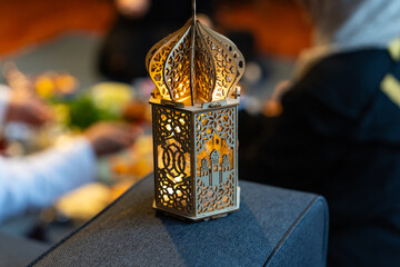 Ramadan Iftar Table. Muslim Family Having Dinner At Home. Iftar Table with Traditional Food. Fasting ends with Dates. Ramadan Feast Celebrations, Eid Mubarak Concept Uskudar Istanbul, Turkiye (Turkey) - obrazy, fototapety, plakaty