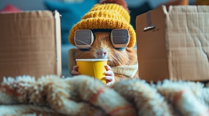 A guinea pig wearing a hat and glasses drinking from a cup, AI - obrazy, fototapety, plakaty