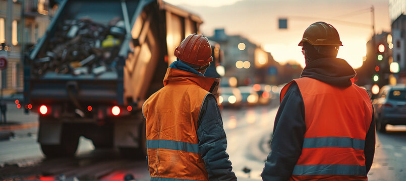 two workers standing near a garbage truck