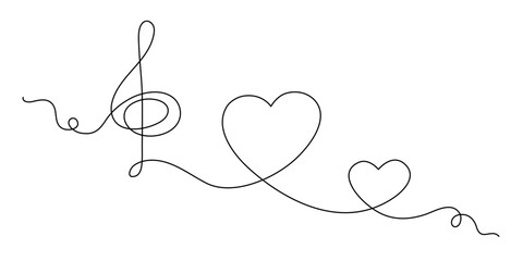 Treble clef and heart one line art,hand drawn continuous contour outline.Love music composition concept,minimalist romantic design,song for Valentines day February 14.Editable stroke.Isolated.Vector - obrazy, fototapety, plakaty
