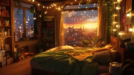 Cozy Bedroom with Sunset City View and String Lights.