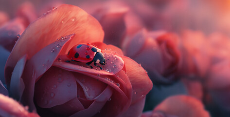 red rose bud, A ladybug lands gently on a velvety rose petal, its contrasting colors creating a visually stunning scene photography