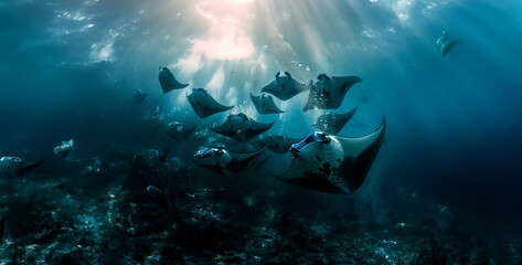 underwater scene with fish, A group of manta rays filter plankton in a feeding frenzy, creating a mesmerizing underwater ballet photography - obrazy, fototapety, plakaty