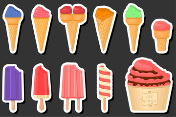 Illustration on theme big kit ice cream popsicle different types in cone waffle cup