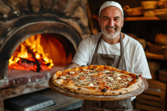 pizza maker holds ready-made beautiful pizza with basil c against the background of a wood-burning oven