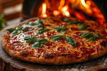 homemade round pizza with basil, in a wood-burning oven, fire in the background