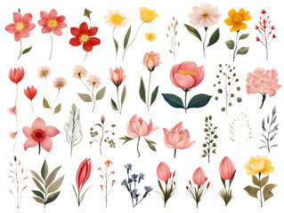 Collection and set of the many different flowers isollated on the transparent background