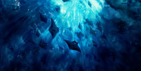 A group of manta rays filter plankton in a feeding frenzy, creating a mesmerizing underwater ballet photography - obrazy, fototapety, plakaty