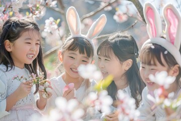 Obraz na płótnie Canvas Easter Delight: Youngsters with Their Names on Bunny Ears Enjoying a Springtime Garden Party