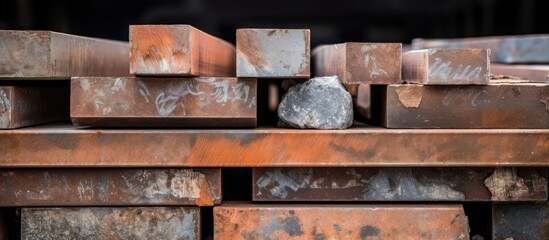 A pile of steel bars, compressed from demolished buildings, is stacked neatly on top of each other. These bars are sold as recyclable iron waste in the demolition industry.