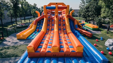Children's colorful inflatable game with a castle-shaped base made of synthetic grass and a ladder and slip for them to play against greenly backdrop, Generative AI. - obrazy, fototapety, plakaty