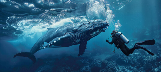 scuba diver underwater against the backdrop of a huge whale - obrazy, fototapety, plakaty
