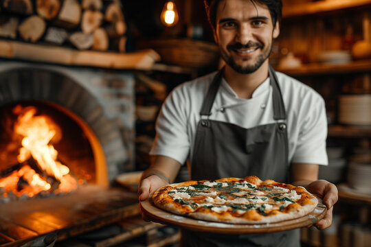 pizza maker holds ready-made beautiful pizza with basil c against the background of a wood-burning oven