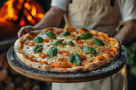pizza maker holds ready-made beautiful pizza with basil c against the background of a wood-burning oven