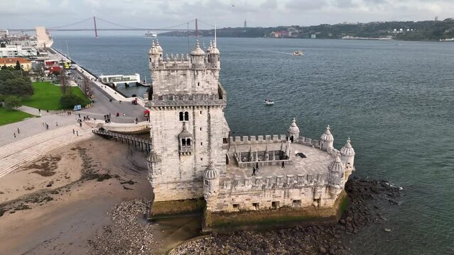 4k Aerial view of Belem Tower, Torre de Belem, Tower of Saint Vincent is fortified tower in the municipality of Lisbon Portugal