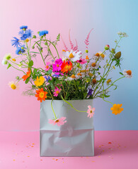 Spring nature concept. Season background idea.Spring flowers and leaves  in shopping bag.