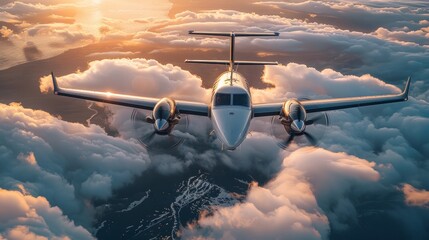 Bottom view - twin prop cargo plane on sky background - obrazy, fototapety, plakaty