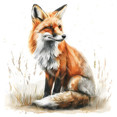 A watercolor painting depicting a red fox, a terrestrial carnivore, sitting in the grass. The fox has a sleek body, sharp snout, and a fawncolored coat