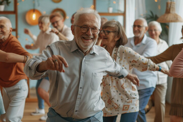 Group of smiling senior people dancing while enjoying activities in retirement home