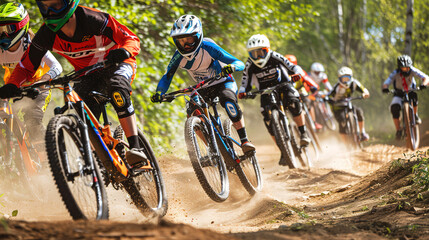 Naklejka premium Athlete jumping on a Mountain Bike, summer mountain landscape