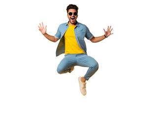 Happy young man jumping over the suitcase isolated on the transparent background.