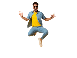 Happy young man jumping over the suitcase isolated on the transparent background.