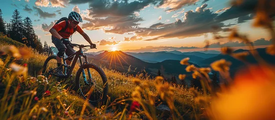 Foto auf Glas Athlete jumping on a Mountain Bike, summer mountain landscape © Irina