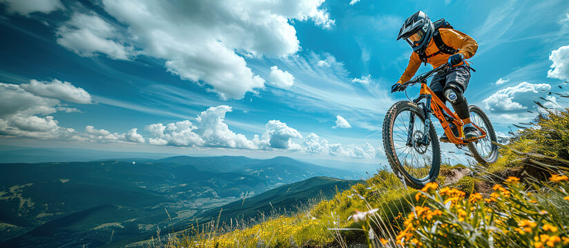 Athlete jumping on a Mountain Bike, summer mountain landscape