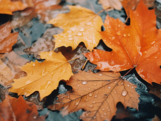 Cozy Autumn. Weather backdrop. Autumn leaves, rain. Fall, park, trees, outdoor background.
