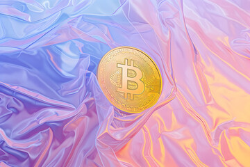 Golden Bitcoin Coin Against Swirling Multicolored Abstract Background,Golden bitcoin on blue and pink background. Cryptocurrency concept.