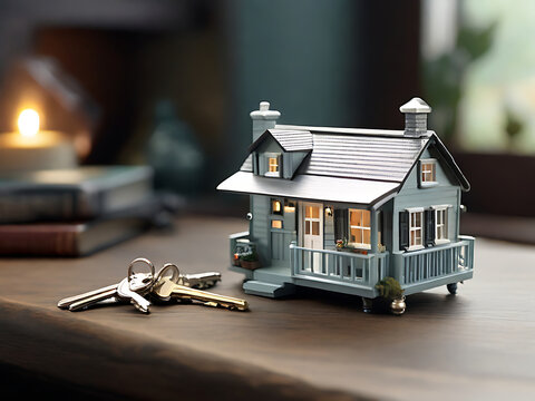 A miniature model of a cozy tiny house with a set of silver keys placed beside it ,A miniature model of a cozy tiny house with a set of silver keys placed beside it, symbolizing the concept of purchas