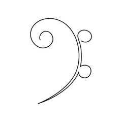 Bass clef one line art, hand drawn continuous contour outline.Love music composition concept,minimalist template melody art design.Editable stroke.Isolated.Vector illustration