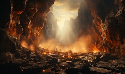Volcanic Cave Filled With Lava and Rocks - obrazy, fototapety, plakaty