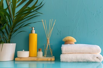a stack of towels and a soap dispenser - obrazy, fototapety, plakaty