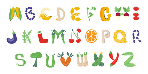 Fototapeta na wymiar Healthy natural organic fresh eco vegetables and fruits letters alphabet vector illustration