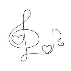 Treble clef and heart one line art,hand drawn continuous contour outline.Love music composition concept,minimalist romantic design,song for Valentines day February 14.Editable stroke.Isolated.Vector