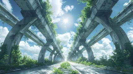 A view of a road with trees growing on it and the sun shining, AI