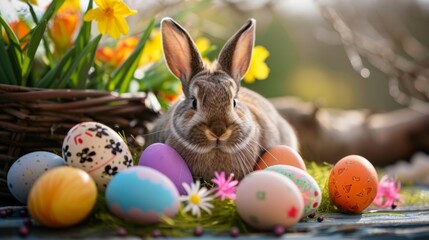 Happy Easter! Easter bunny with basket and colorful dyed eggs. Spring grass and flowers on a summer Easter day. March and April blooms.