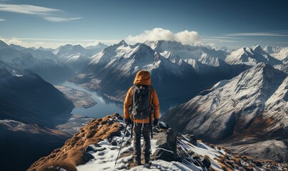 Man Standing on Snow-Covered Mountain Summit - obrazy, fototapety, plakaty