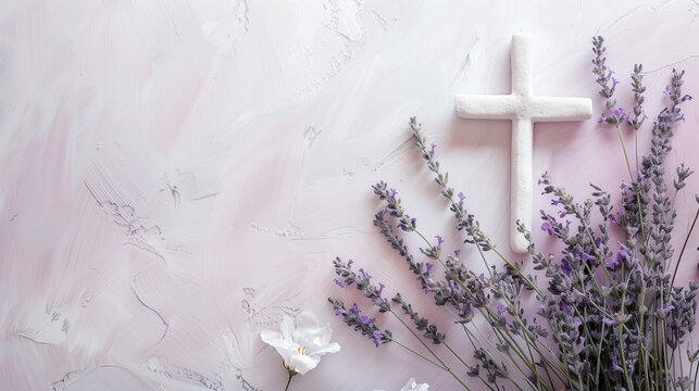 A Serene Purple Backdrop Enchants with a Crucifix and Lavender Blossoms
