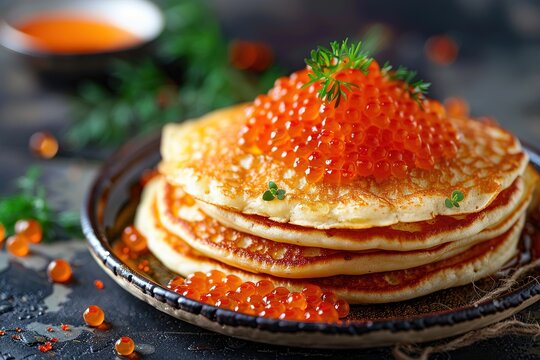 Russian pancakes with red caviar. Image for cafe menu, Banner