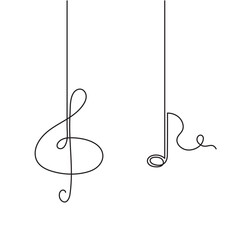 Treble clef and musical notes one line art, hand drawn continuous contour outline.Love music composition concept,minimalist template melody art design.Editable stroke.Isolated.Vector illustration - obrazy, fototapety, plakaty