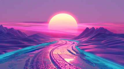 A road in the middle of a snowy landscape with an orange sun, AI